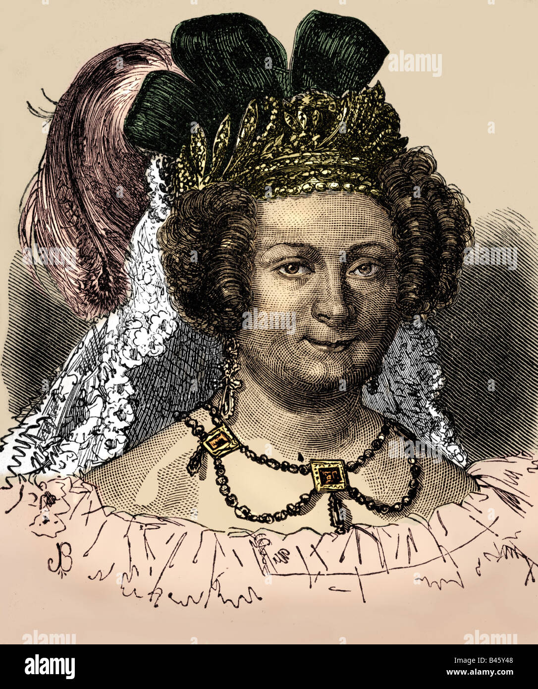 Maria Christina, 27.4.1806 - 23.8.1878, Consorte Regina di Spagna 11.12.1829 - 29.9.1833, ritratto, incisione in legno di Severini, circa 1835, successivamente colorato, Foto Stock