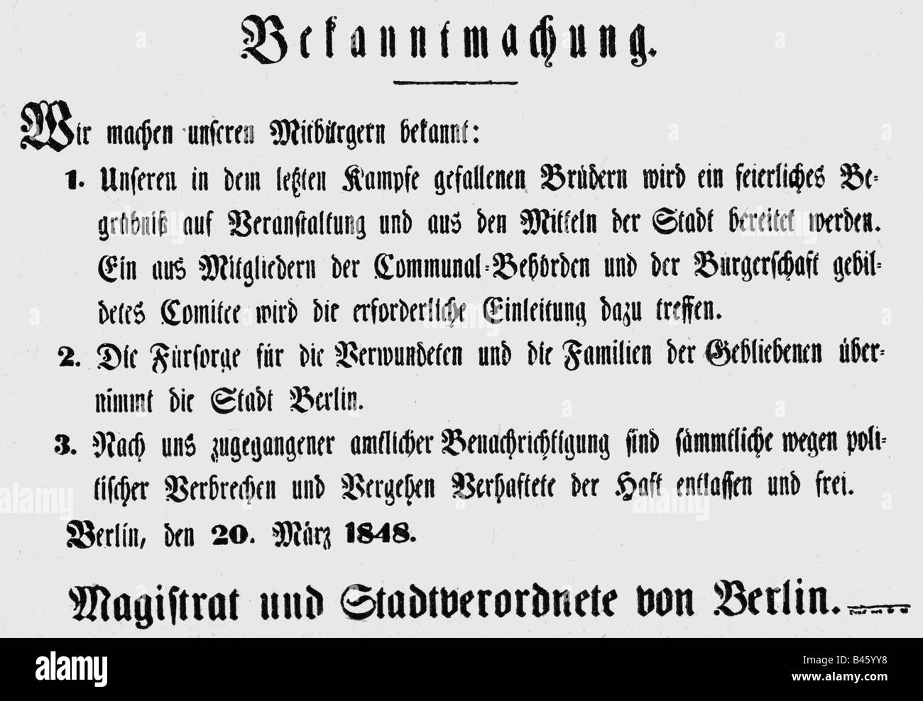 Eventi, rivoluzioni 1848 - 1849, Germania, Prussia, Rivoluzione di Marzo, notifica del magistrato di Berlino circa urlando i morti e frequentando i feriti, 20.3.1848, rivoluzionari, 19th secolo, storico, storico, Foto Stock