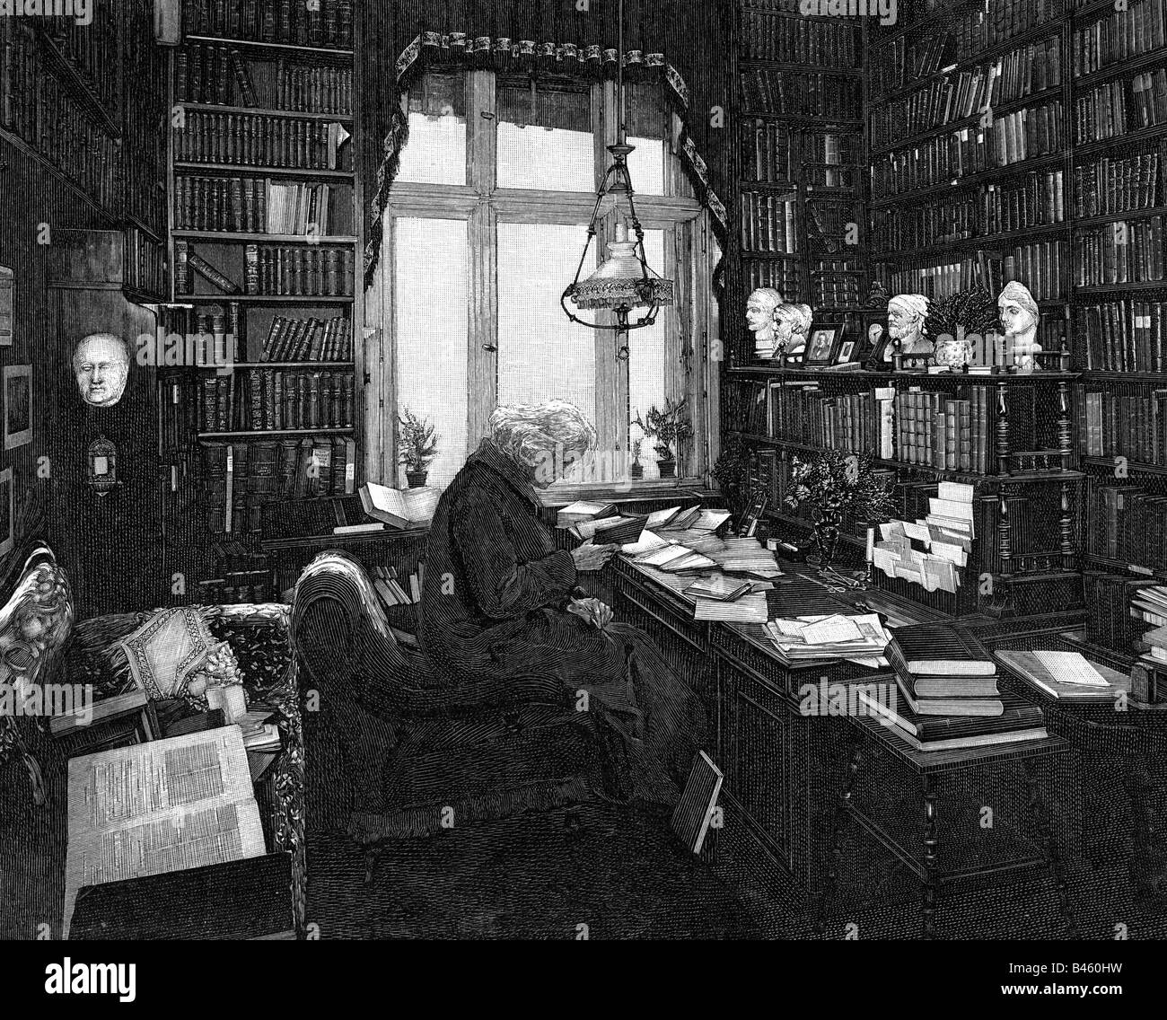 Mommsen, Theodor, 30.11.1817 - 1.11.1903, storico tedesco, in hisr Office, incisione su legno, 19th secolo, , Foto Stock