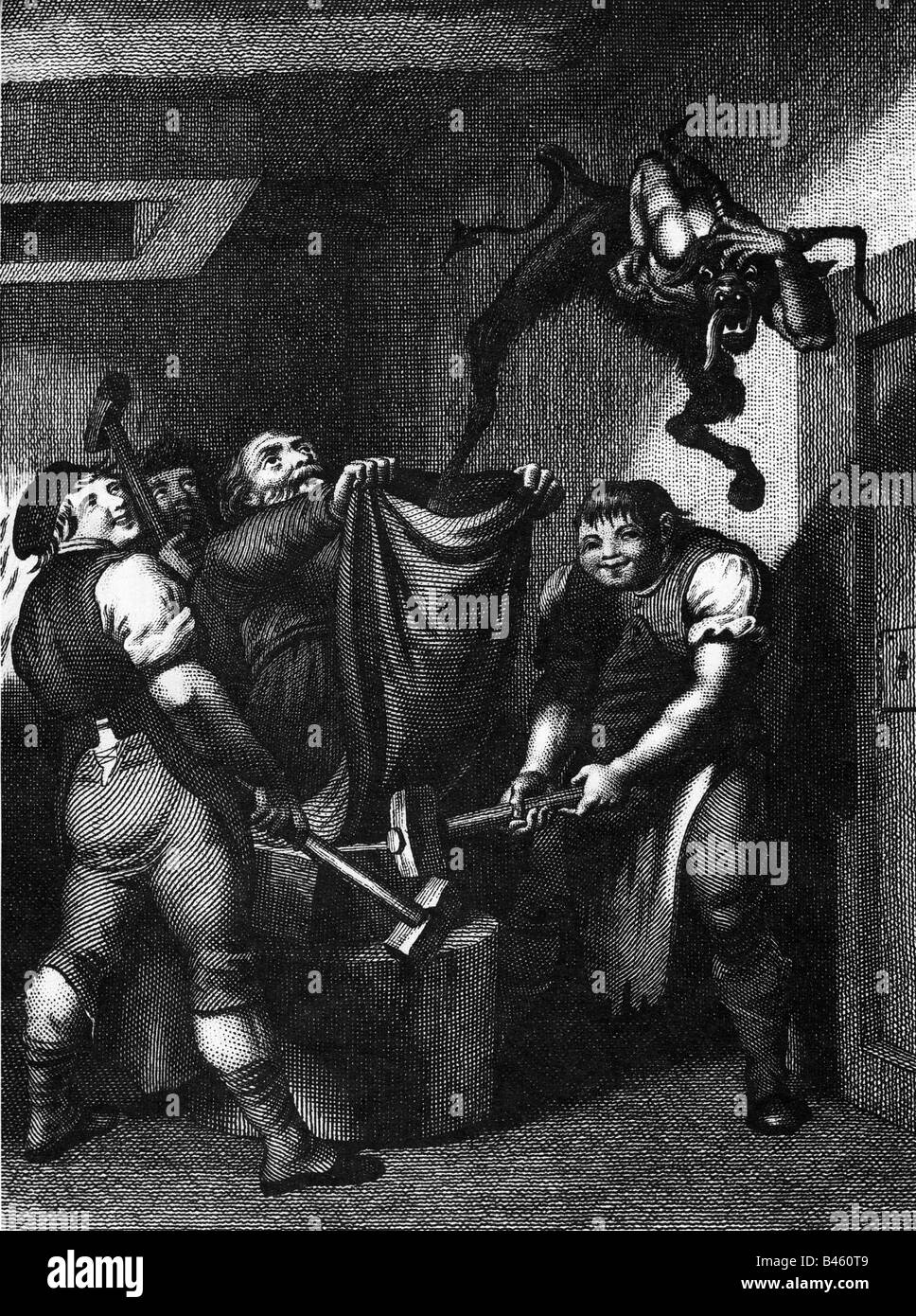 Letteratura, fiabe, 'lo Smith di Jueterbog', ha sbattito il diavolo sulla sua incudine, incisione di rame dopo disegno di Johann Heinrich Ramberg, 19th secolo, , Foto Stock