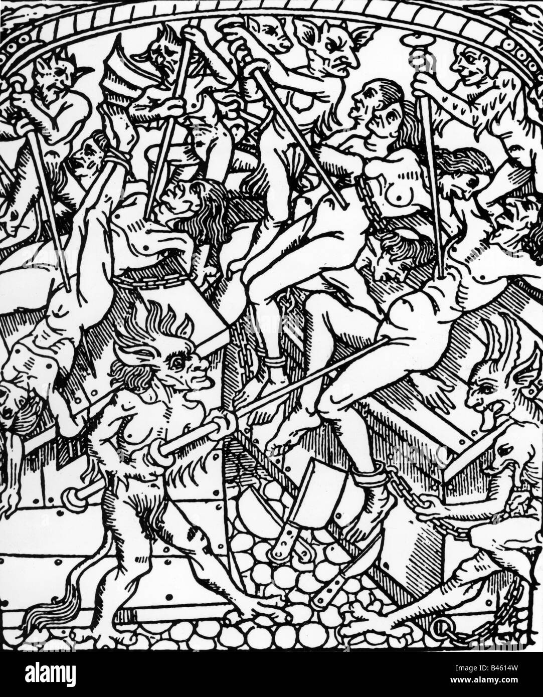 superstizione, inferno per le donne, legno tagliato, 16th secolo, diavolo, demoni, tortura, tormenti, punizione, storico, storico, persone, Foto Stock