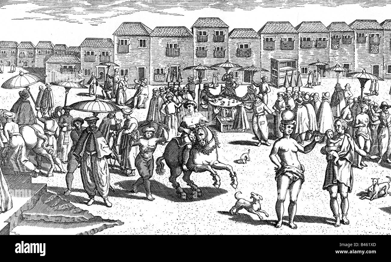 Geografia / viaggio, India, Goa Velha, mercato, incisione di rame, 'navigazione in orientem' di Hugo Linschoten, Francoforte, 1599, , Foto Stock