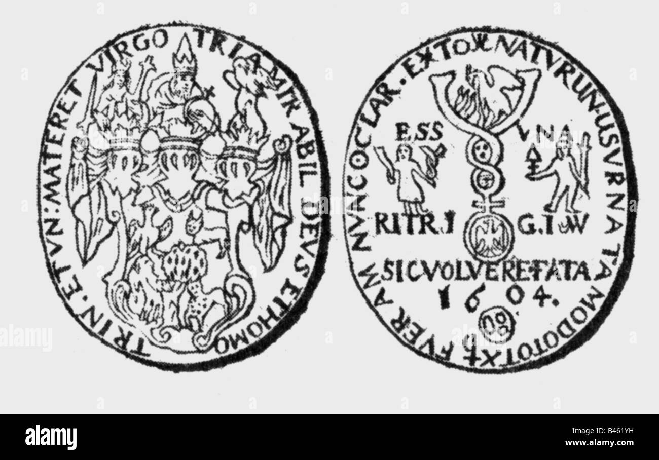 alchimia, simboli, moneta con simboli alchemici, 1604, Foto Stock