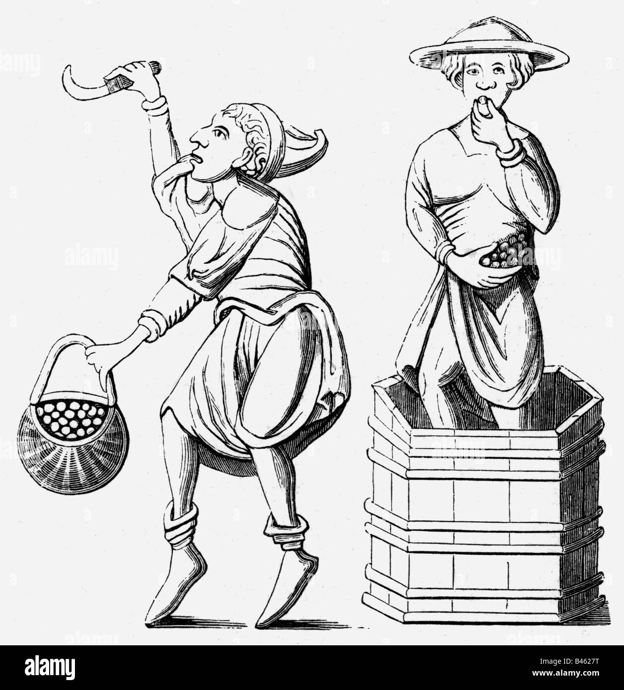 Alcole, vino, produzione, annata e pressurage, dopo la miniatura, 'Dialogues de Saint Gregoire', 13th secolo, Biblioteca Nazionale, Bruxelles, Foto Stock