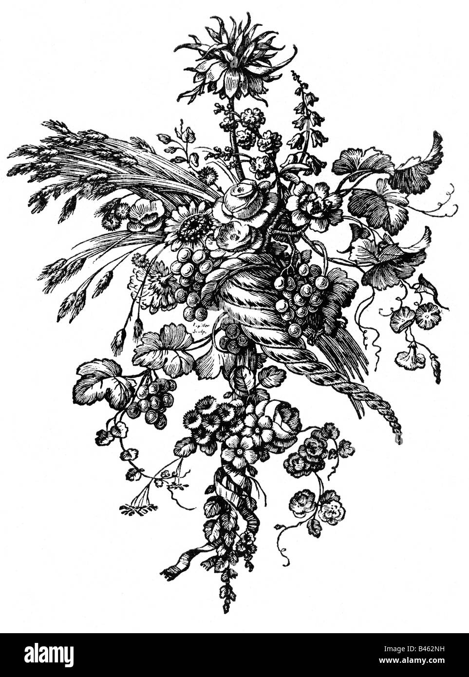 Allegorie, cornucopia come simbolo di abbondanza, in legno di Jean Michel Papillon Parigi, 1755 - 1759, per 'Favole' di Jean de la Fontaine, Foto Stock