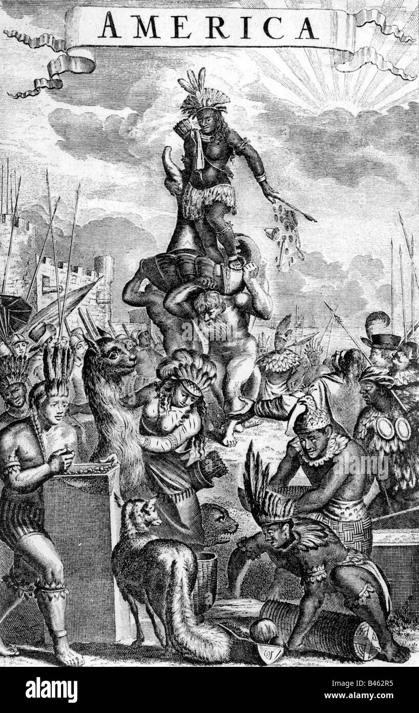 Allegorie, geografia, 'America', incisione in rame, 'il nuovo mondo sconosciuto' di Olfert Dapper, Amsterdam, 1673, Foto Stock