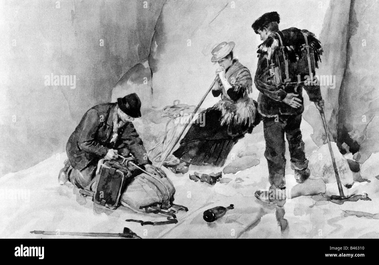 Alpinismo, escursioni in montagna, alpinisti durante il riposo, pedante di Edouard Ravel, 1887, Foto Stock