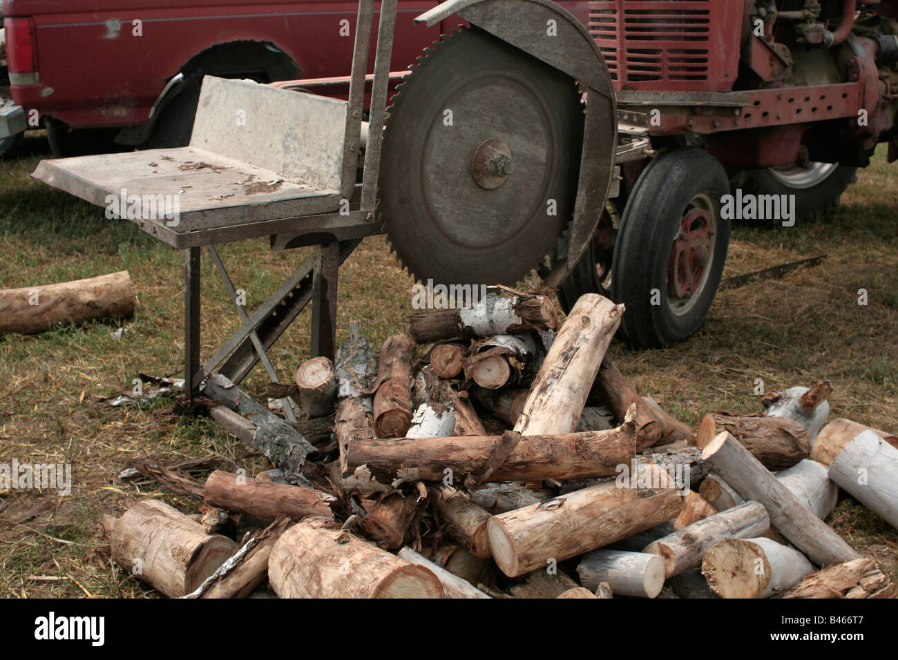Legna da ardere di fronte una sega cordwood o Buzz ha visto Foto Stock