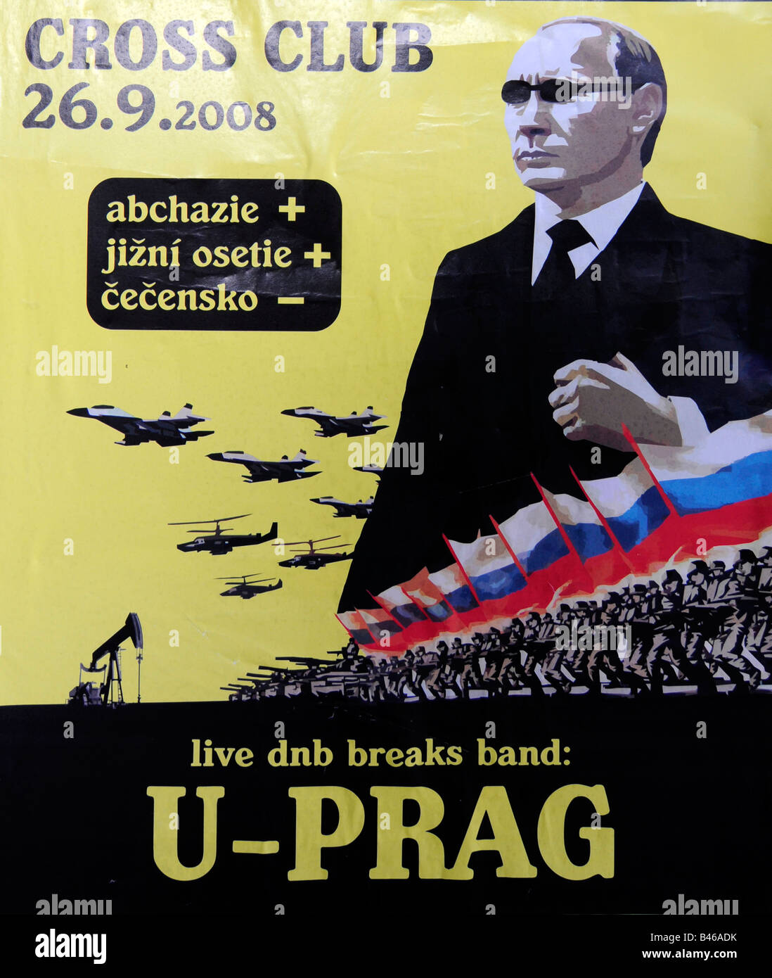 Ritratto di Putin come un post-sovietico di boss mafioso lanciando l'esercito russo in guerra imperialista; su aggiungere un poster per un partito. Foto Stock