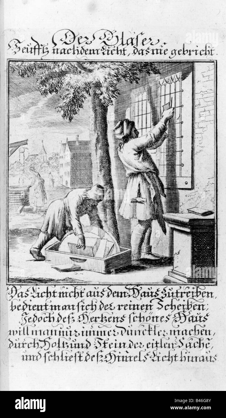 Persone, professioni, glazier, incisione di rame da 'taendebuch' di Christoph Weigel, 1698, con versetto di Abraham a Santa Clara, Foto Stock