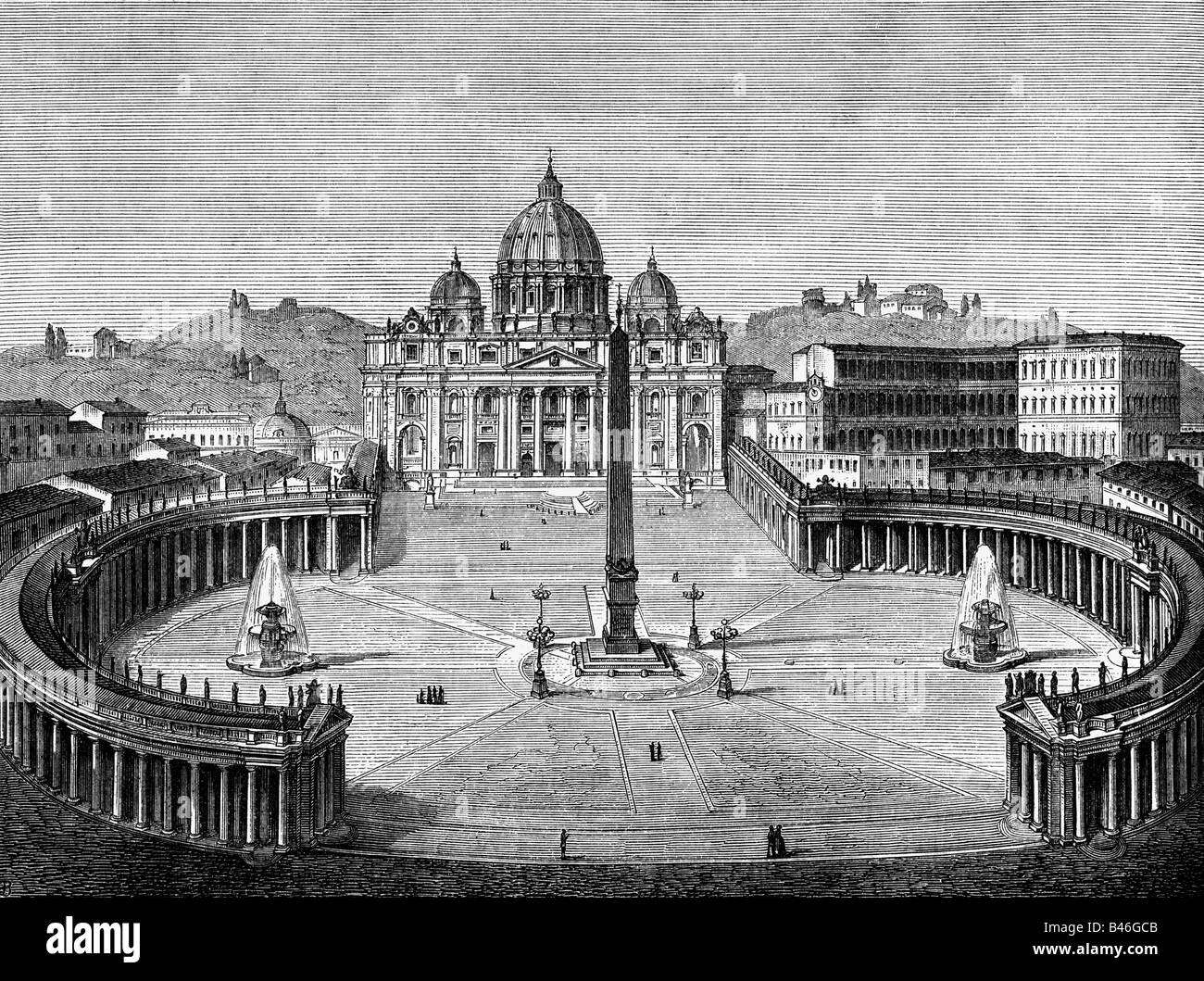 Geografia / viaggio, Italia, Roma, Vaticano, Piazza San Pietro e la cattedrale di San Pietro, vista esterna, incisione, Ratisbona, 1888, , Foto Stock