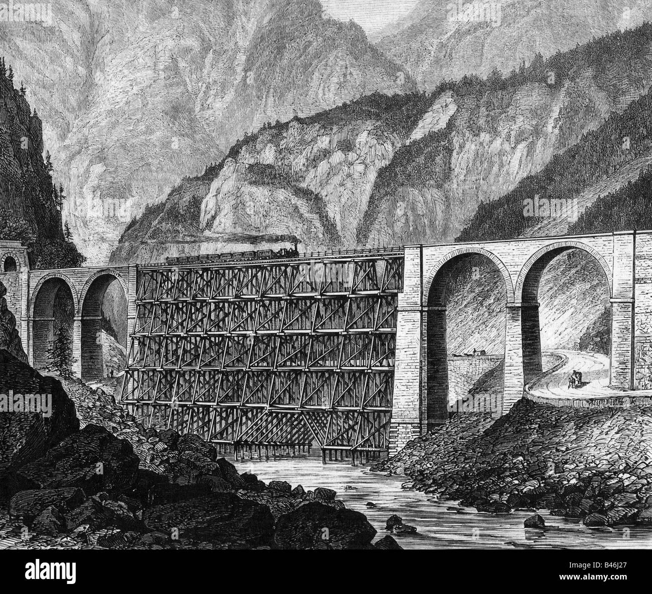 Architettura, ponti, ponte ferroviario, viadotto sul fiume Fella a Ponte di Muro, Friuli, costruito nel 1879, Foto Stock