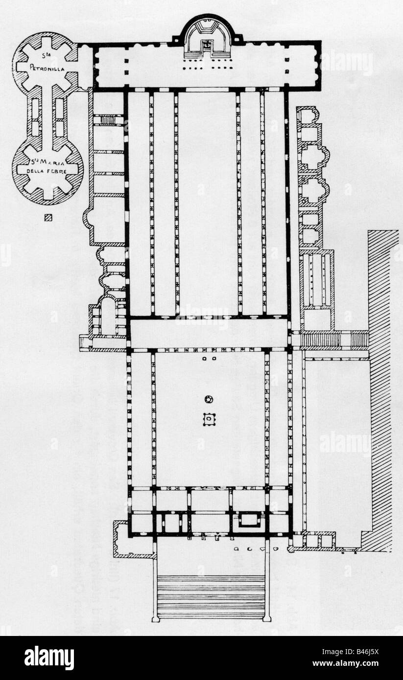 Architettura, piantine, Basilica di San Pietro, Roma, costruita intorno al 324 - 326 d.C. dall'imperatore Flavio Valerio Aurelio Costantino, disegno, , Foto Stock