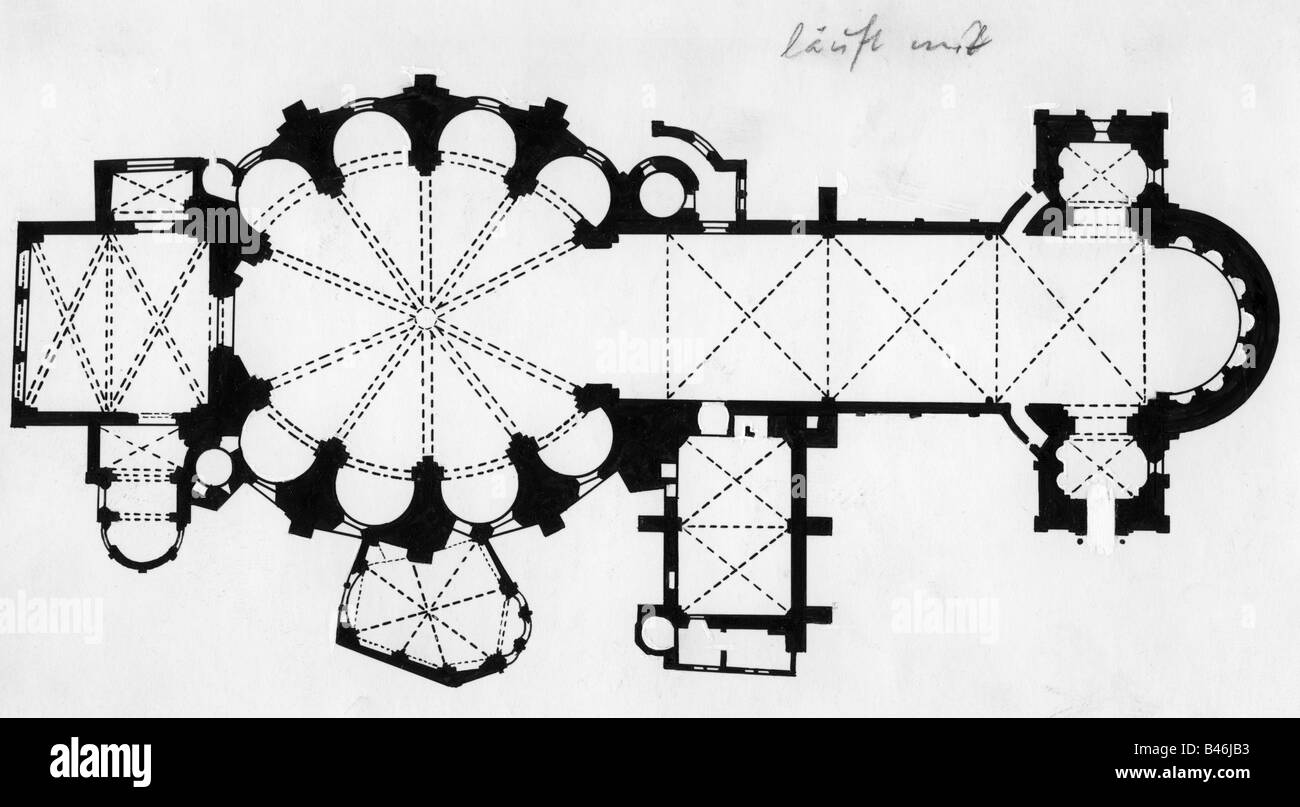 Architettura, pianta, Sanint Gereon, Colonia, costruita 11th - 13th secolo, disegno, pianta, chiesa cattolica, religione, cristianesimo, Medioevo, basilica romanica, Renania, Germania, Europa, storico, storico, medievale, Foto Stock