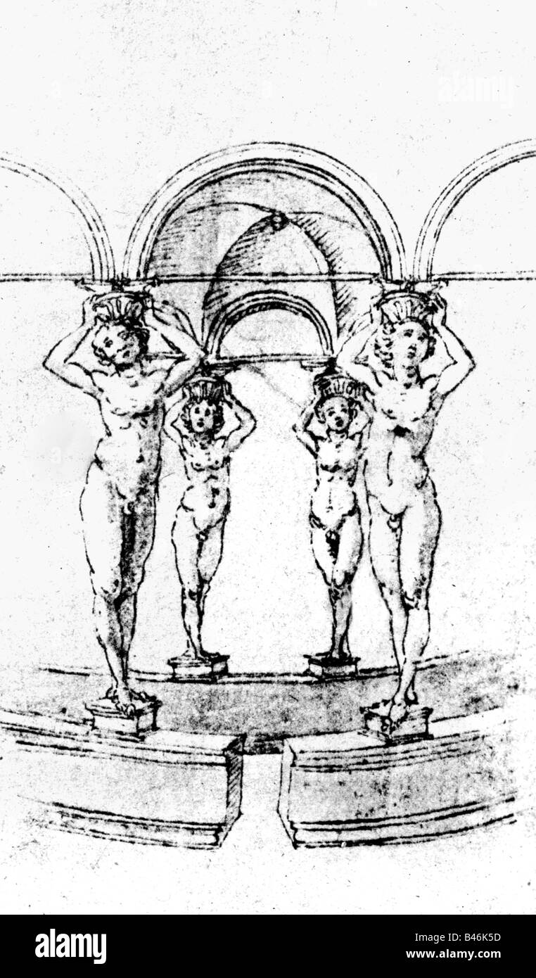 Architettura, disegni, città ideale Sforzinda, Casa Di Virtù, dettaglio, atlantes, incisione in rame, 'Trattato d' architettura' di Filarete (Antonio di Pietro Avelino), 1460/1464, , Foto Stock