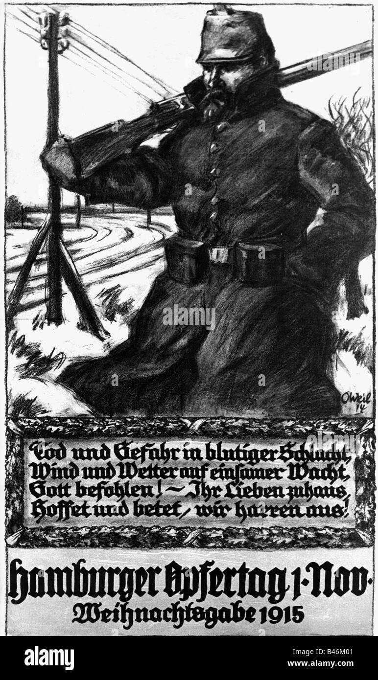 Eventi, Prima guerra mondiale / prima guerra mondiale, propaganda, 'Hamburger Opfertag' (Amburgo giorno del sacrificio), 1915, disegno, di O. Weil, Germania, 1915, Foto Stock