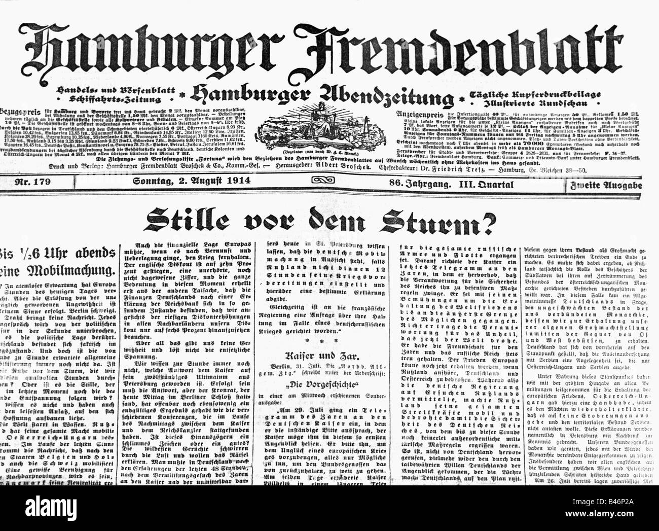 Stampa / media, riviste / riviste, Hamburger Fremdenblatt, Hamburger Abendzeitung, volume 86, n. 179, 2.8.1914, relazione 'Calma prima della tempesta?', Foto Stock