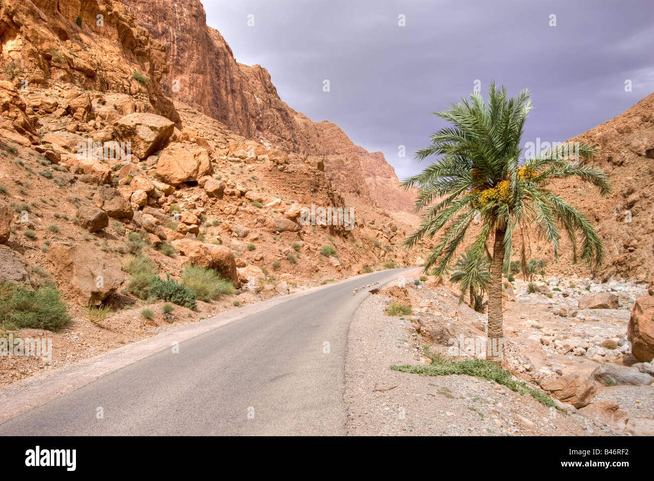 Il vento e la tempesta in arrivo a wild todra vallata desertica del Marocco Foto Stock