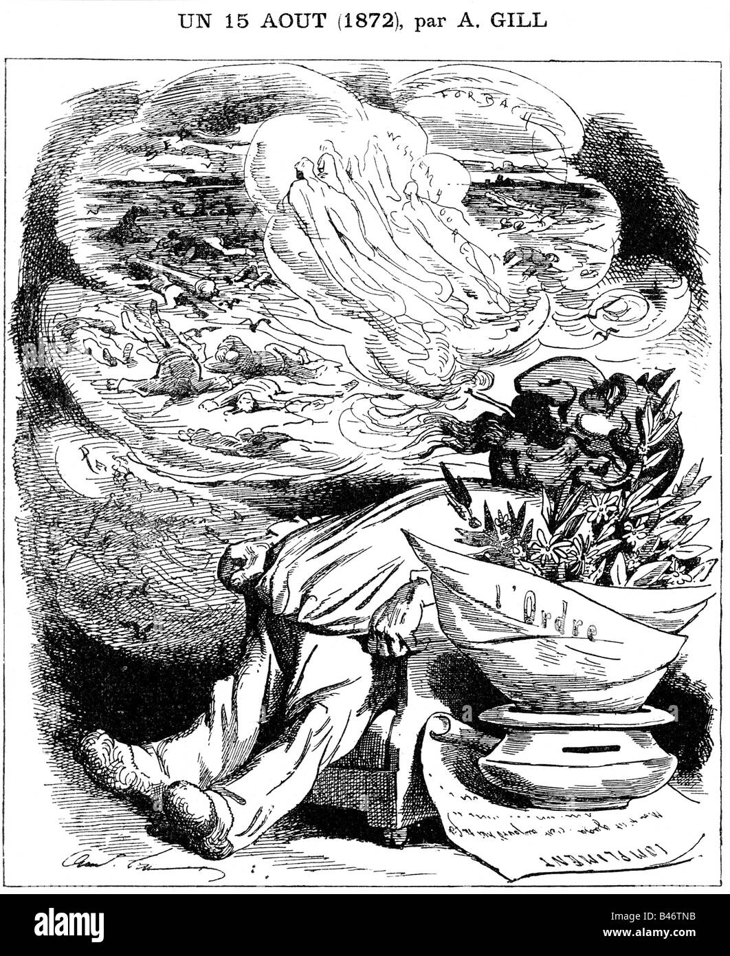 Napoleone III, 20.4.1808 - 9.1.1873, Imperatore dei francesi 2.12.1852 - 2.9.1870, caricatura 'il 12th Agosto (1872)', incisione in legno dopo disegno di Andre Gilles, i francesi, 1870, , Foto Stock