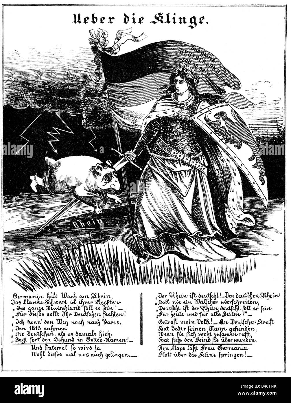 Napoleone III, 20.4.1808 - 9.1.1873, Imperatore dei francesi 2.12.1852 - 2.9.1870, caricatura, 'Ueber die Klinge' ('Sopra la lama'), incisione del legno dopo disegno, Germania, 1870, , Foto Stock