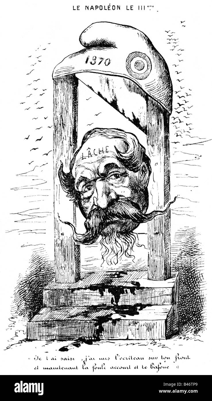Napoleone III, 20.4.1808 - 9.1.1873, Imperatore dei francesi 2.12.1852 - 2.9.1870, caricatura, sotto La Ghigliottina, incisione in legno dopo disegno, i francesi, 1870, , Foto Stock