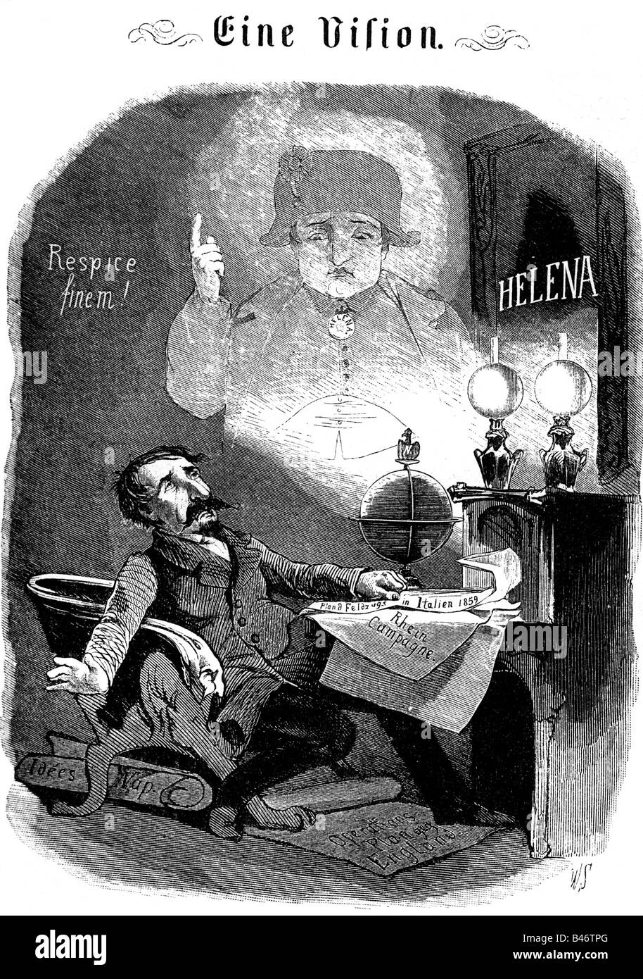 Napoleone III, 20.4.1808 - 9.1.1873, Imperatore dei francesi 2.12.1852 - 2.9.1870, caricatura, 'Eine Vision' ('A Vision'), incisione del legno dopo disegno, 'Kladderadatsch', Germania, 1870, , Foto Stock