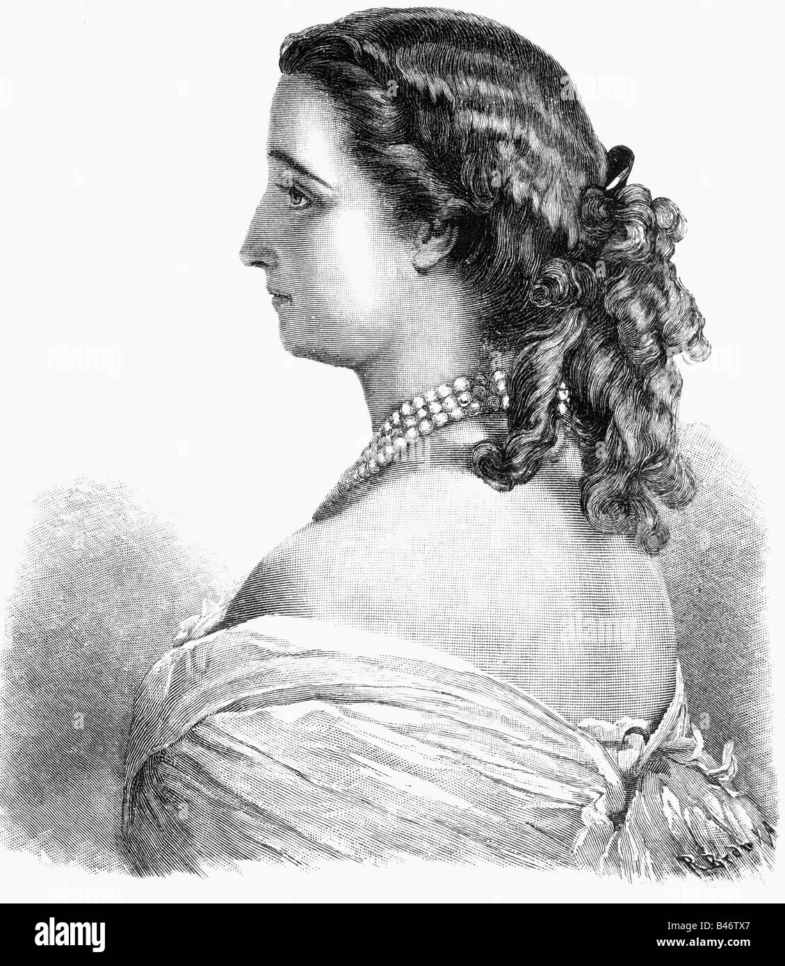 Eugenie, 5.5.1826 - 11.7.1920, Empress Consort di Francia 30.1.1853 - 4.9.1870, mezza lunghezza, incisione del legno dopo la pittura di Franz Xaver Winterhalter, circa 1860, , Foto Stock