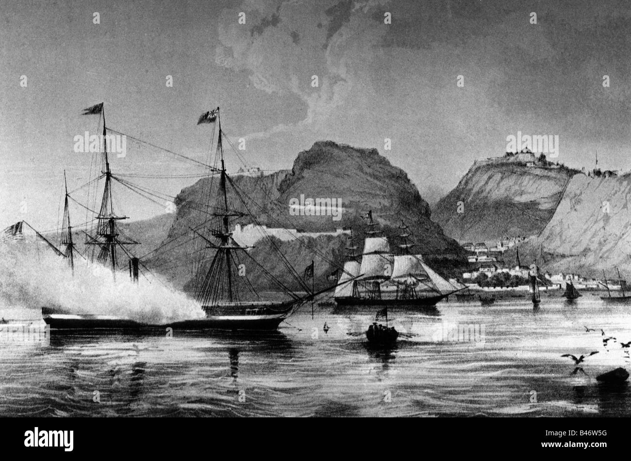 Trasporti / trasporto, navigazione, navi da guerra, USA, fregata USA prima di Jamestown, Sant'Elena, litografia di Heine e Brown, 1853, Foto Stock