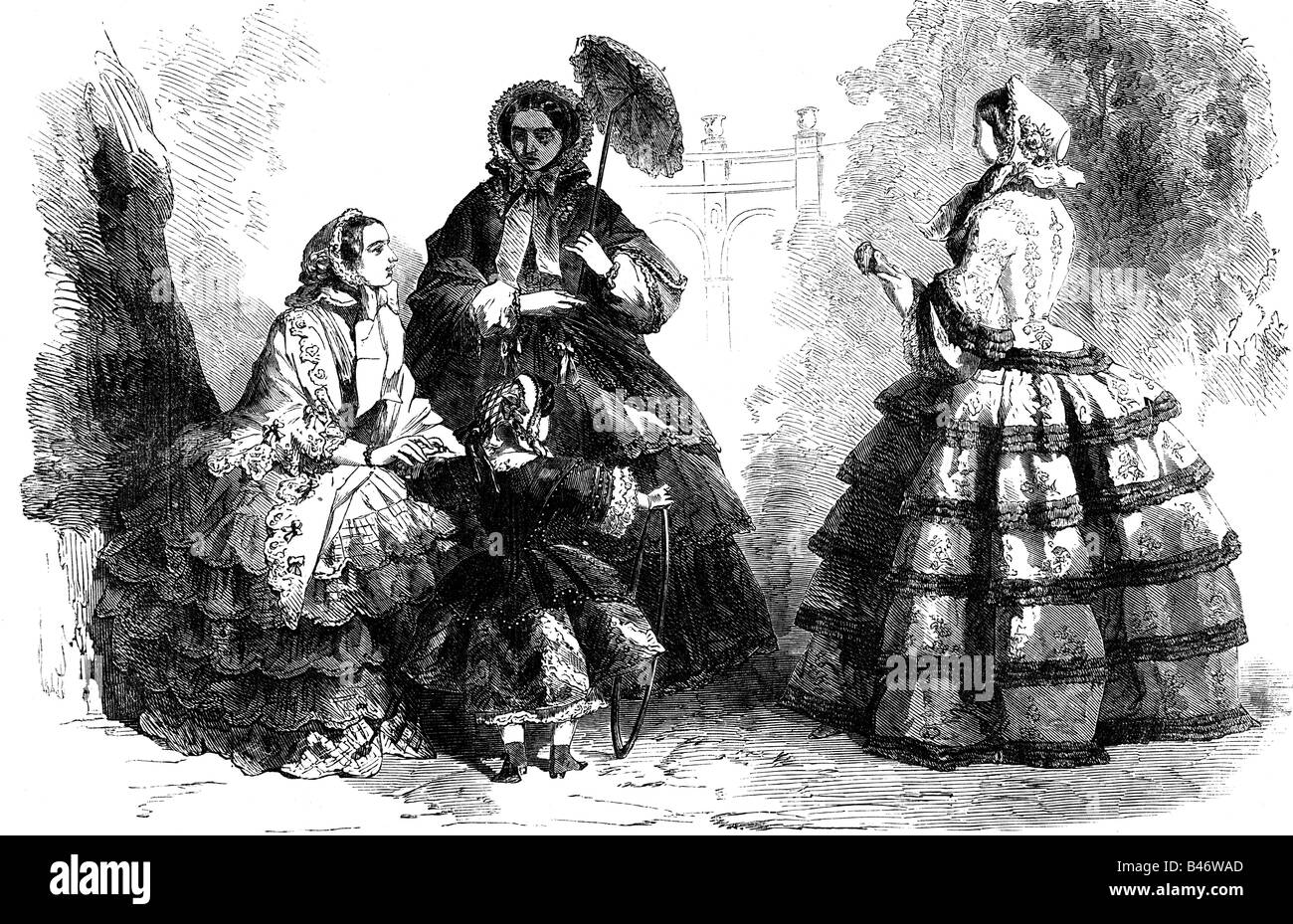 Moda, 19th secolo, moda donna, Francia, incisione in legno da una rivista britannica, circa 1870, Foto Stock