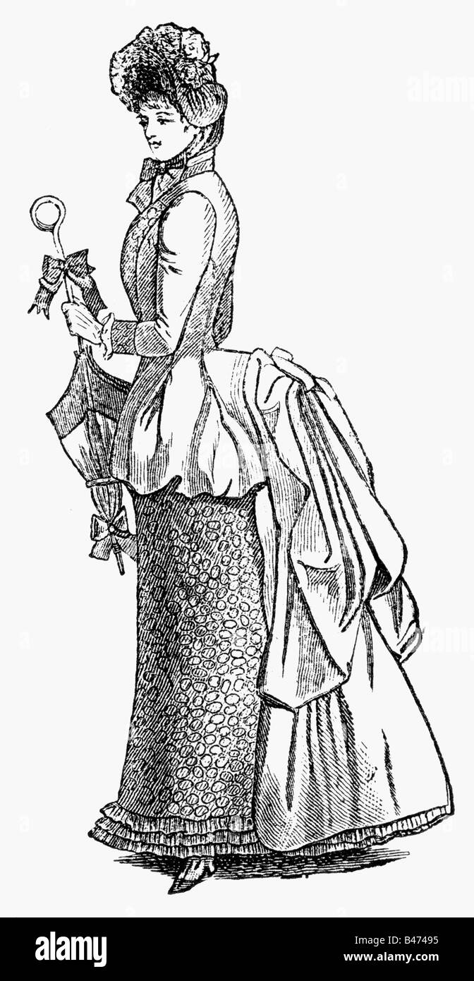 Moda, 19th secolo, moda donna, Germania, abito con trambusto, incisione in legno, 1884, Foto Stock
