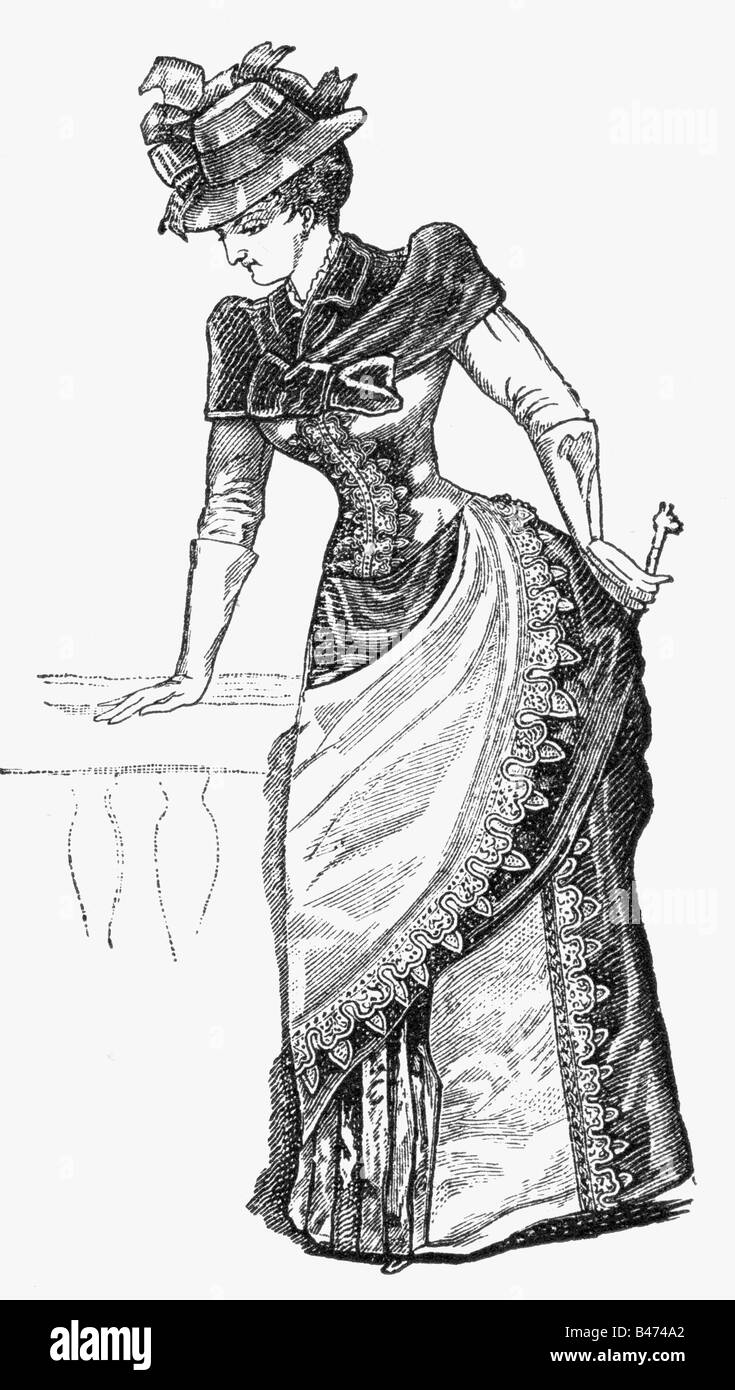 Moda, 19th secolo, moda donna, Germania, vestito Satanella, incisione in legno, 1884, Foto Stock