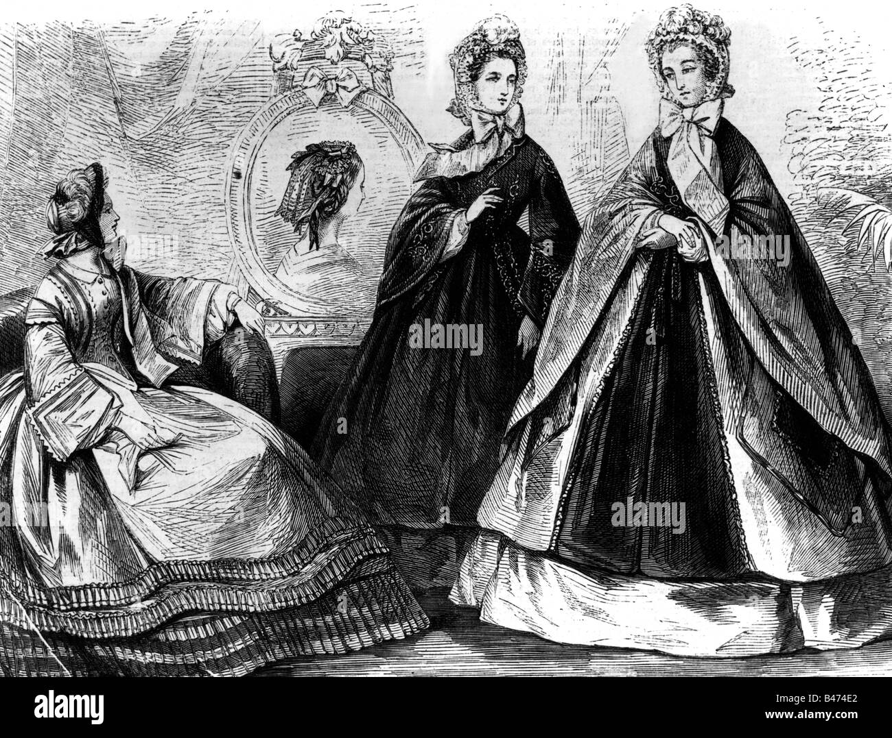 Moda, 19th secolo, moda donna, Francia, abiti autunnali, incisione in legno da una rivista britannica, circa 1870, Foto Stock