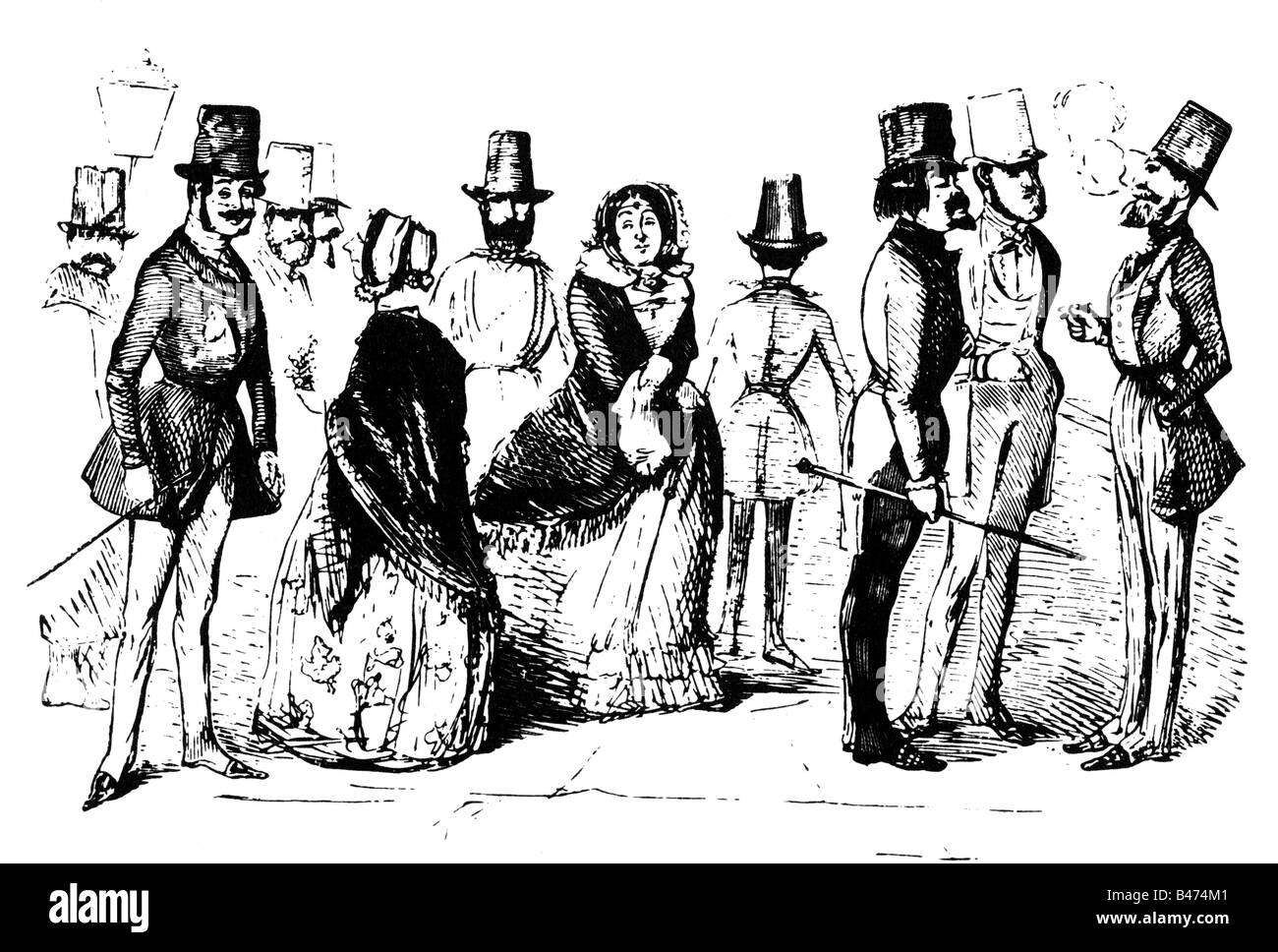 Moda, 19th secolo, moda donna e uomo, Gran Bretagna, caricatura, disegno di John Leech, 'Punch', 1842, , Foto Stock