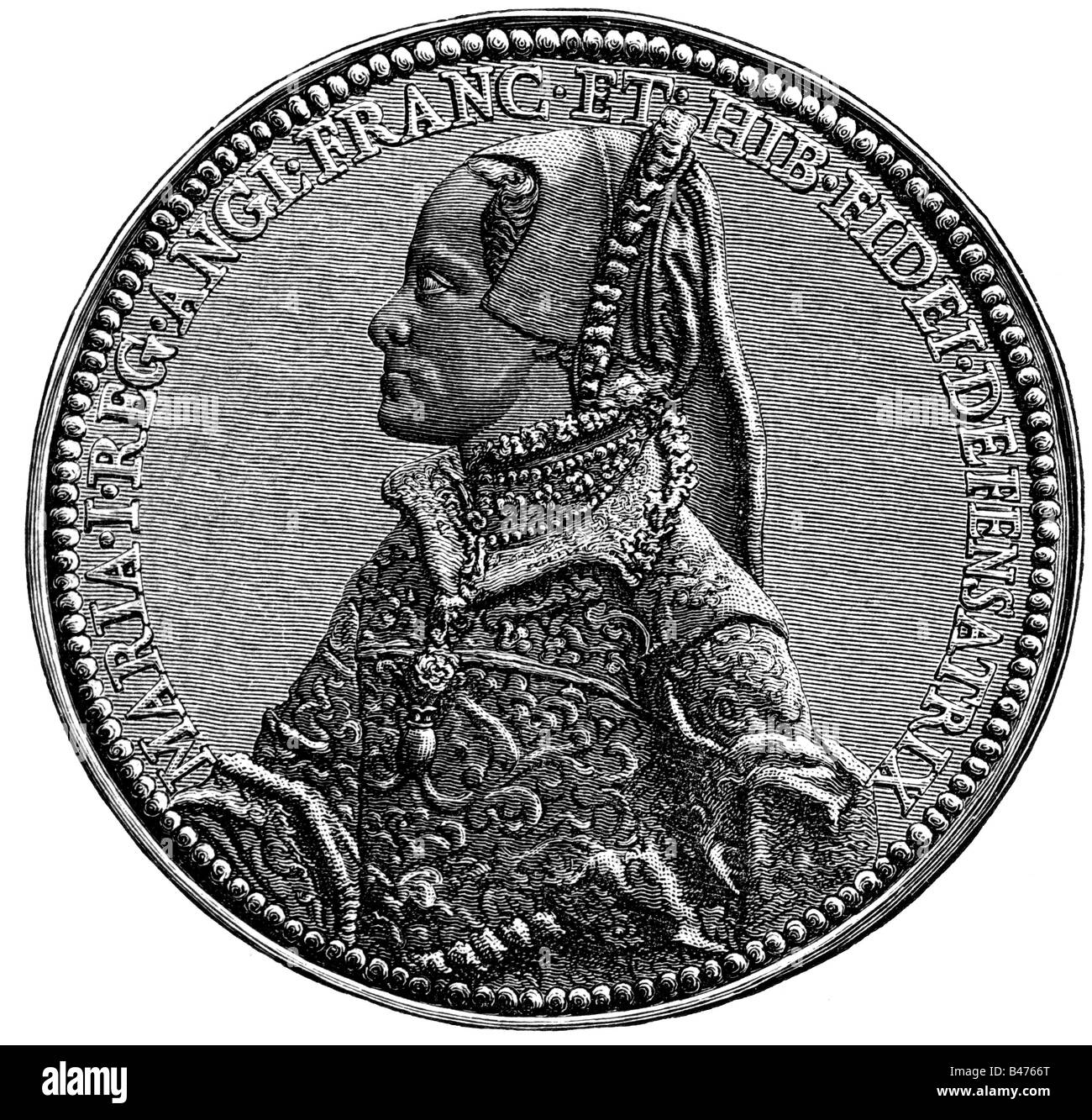 Mary i, 18.2.1516 - 17.11.1558, Regina d'Inghilterra 19.7.1553 - 17.11.1558, ritratto, incisione in legno, 19th secolo, dopo medaglia, Royal Coin Cabinet, Berlino, , Foto Stock