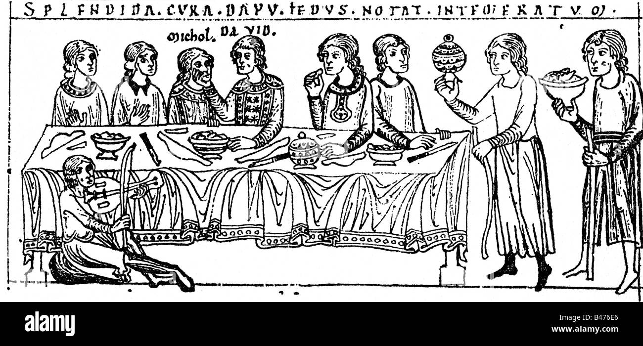 Gastronomia, pasti, nobile festa del matrimonio, disegno dopo la miniatura, 13th secolo, Medioevo, festa, persone, coppia nuziale, nobiltà, storico, storico, medievale, Foto Stock