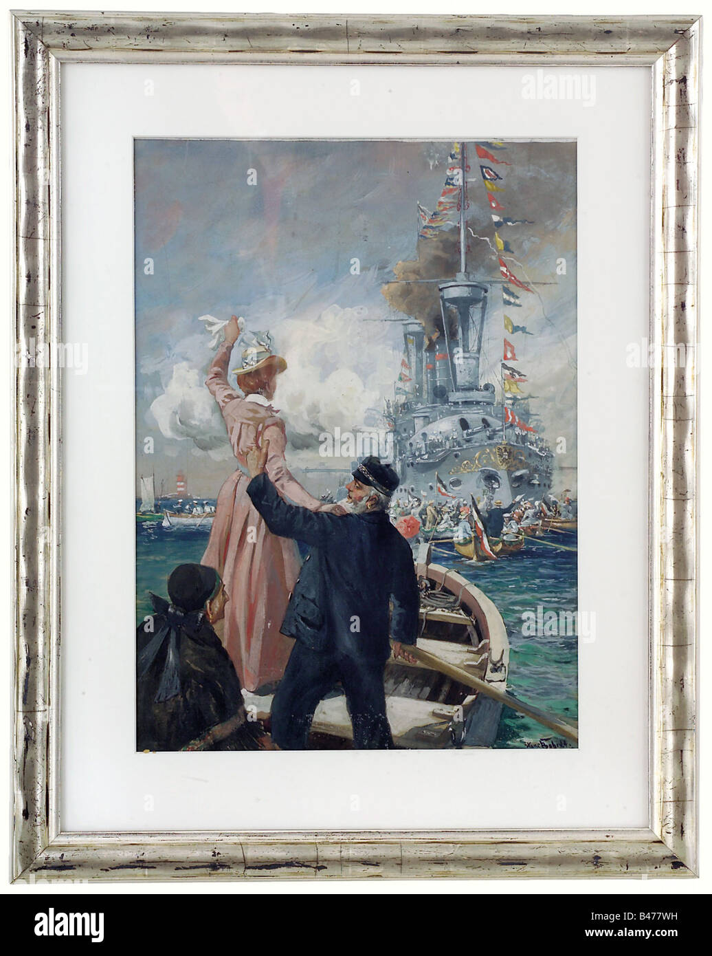 Hans Bohrdt (1857 - 1945)., "Heimkehr' Ritorno (Home) della S.M.S Brandeburgo 1901. Gouache su carta applicata su cartone incollato. S Foto Stock