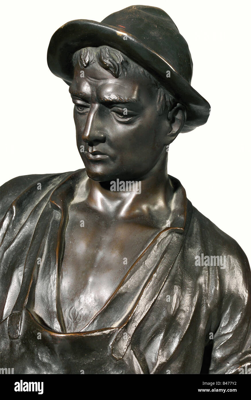Lavoratore di metallo, una scultura in bronzo, Tedesco, 1920s. Rappresentazione dettagliata di un lavoratore a studiare un piano, presso i suoi piedi in varie parti della macchina. Firma sul plinto quadrato 'Schmidt-abbattendo'. Piedistallo quadrato dalla serpentina e legno. Altezza 101 cm, peso circa 40 kg. Julius Schmidt-Felling (1855 - 1930) ha lavorato a Berlino in belle arti, persone del xx secolo, belle arti, arte, statuetta, figurine, figurine, statuette, scultura, sculture, oggetti, oggetti, alambicchi, clipping, clippings, tagliate, cut-out, cut-outs, Uomo, uomini, maschio, Additional-Rights-Clearance-Info-Not-Available Foto Stock