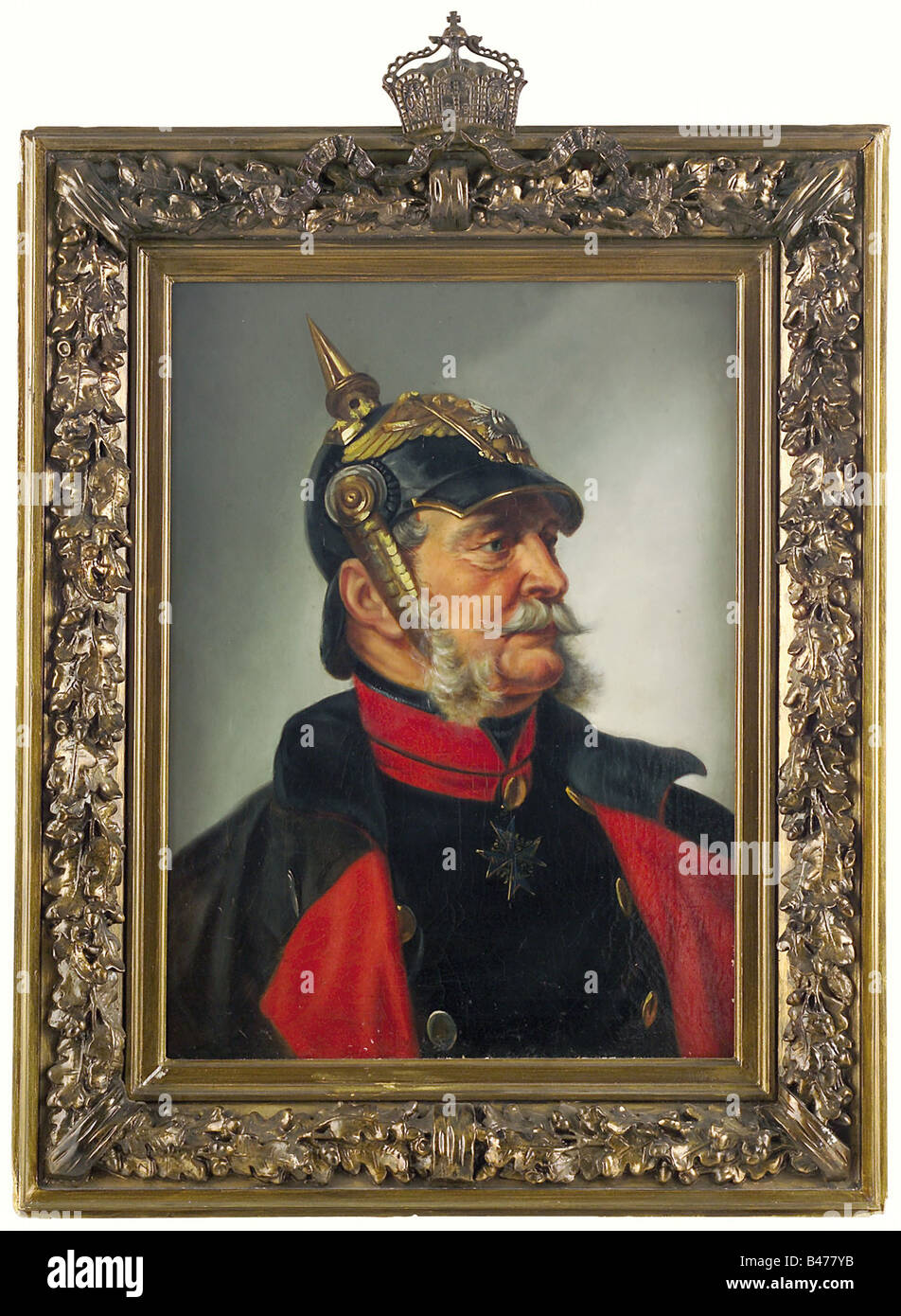L'imperatore Guglielmo I, un ritratto. Olio su tela. L'imperatore guardando alla sua destra in greatcoat. La marcatura sul retro della tela con "J. Blach. fec.', in un dorato cornice riccamente ornate con corona imperiale in ottone fissato al listello superiore. Telaio bordi leggermente ammaccata. Dimensioni della foto 43 x 58 cm, dimensioni con telaio 63 x 81 cm. belle arti, persone del XIX secolo, Prussiani, la Prussia, Tedesco, Germania, militaria, militare, oggetto, oggetti, alambicchi, clipping, clippings, tagliate, cut-out, cut-outs, pittura, dipinti, belle arti, arte, illustrazione, Uomo, uomini, maschio, artista del diritto d'autore non deve essere cancellata Foto Stock