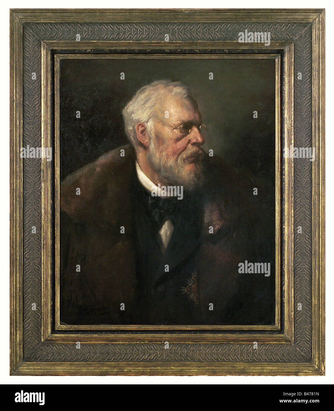 Il Re Ludovico III - un semi-ritratto del principe reggente (1912 - 1914) e King (1914 - 1918) in abiti civili con un pesante pelliccia-cappotto a collare. La stella della Casa Ordine di San Hubert è metà nascosta sotto i revers del mantello. Olio su legno, firmato "K. Eckerler' in basso a sinistra. Karl Eckerler (1852 Monaco di Baviera - 1926 Monaco di Baviera) ha lavorato come ritratto pittore per un lungo periodo a Neu-Ulm. Dimensioni foto 62 x 76 cm. In una contemporanea, ampia cornice immagine (87 x 102 cm.) Molto impressionante ritratto, reminiscenza di Kaulbach. belle arti, persone, 1910s, ventesimo centur, artista del diritto d'autore non deve essere cancellata Foto Stock