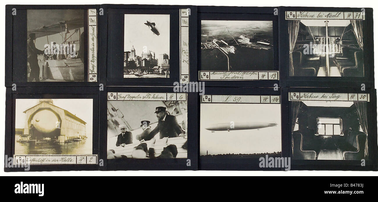 'Come Werk Zeppelins', una presentazione fotografica dello sviluppo dell'Airship Zeppelin. 68 vetrini di 69 vetro bianco e nero in formato 8 x 10 cm, circa 1925. Rare fotografie dello spazio della cabina, della costruzione interna, della tecnologia, della L 59, della Stazione Navale di Tonden, della gruccia girevole a Nordholz, della Graf Zeppelin e del Dr. Eckener a bordo, attaccando le navi aeree nella prima guerra mondiale, Oltre alle foto del volo che porta la nave di riparazione LZ 126 (ZR III) a Lakehurst, comprese le esposizioni delle Azzorre, Terranova, Long Beach, The Statu, Foto Stock