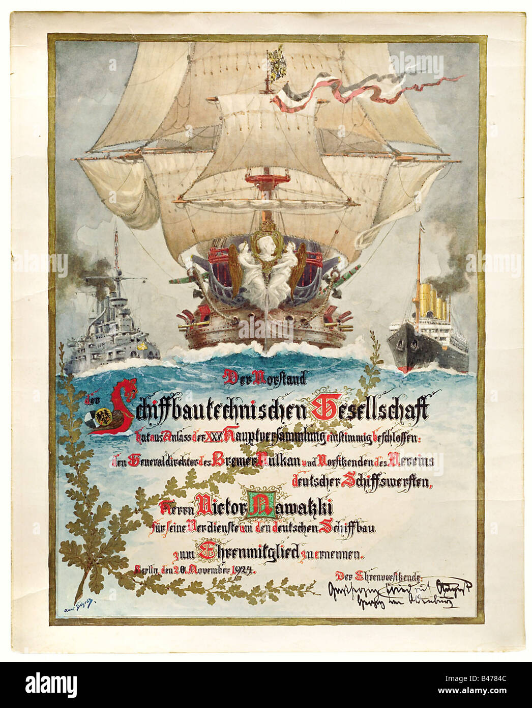 Hans Bohrdt (1857 - 1945), un dipinte a mano e certificato per il direttore generale di Vulkan Brema nel 1924. Gouache su carta. Firmato "Hans Bohrdt' in basso a sinistra. Un grande uomo di guerra con un gagliardetto imperiale e il ritratto di Wilhelm di Imperatore sullo stelo, fiancheggiata da una moderna nave da guerra e di un sistema di cottura a vapore. Il testo calligrafico di seguito è incorniciato in rovere dorato lascia: 'Il Consiglio dei governatori della tecnica di costruzione navale della società, in occasione del XXV. Assemblea generale hanno deciso di aggiudicazione soci onorari per il direttore generale di Vulkan di Brema e di Chai, artista del diritto d'autore non deve essere cancellata Foto Stock