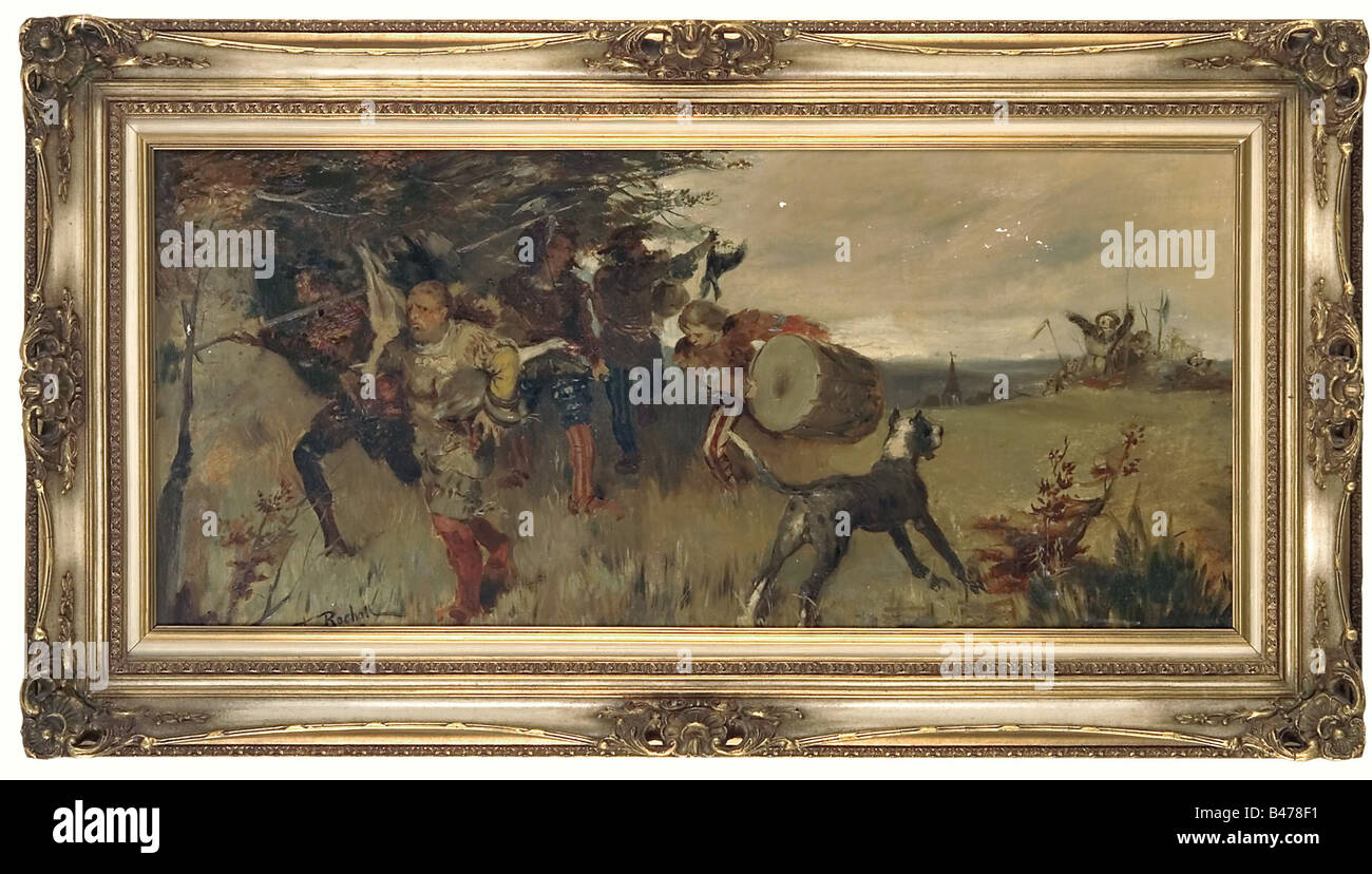Theodor Rocholl (1854 - 1933) - Fuggono Landsknechts., olio su tela. Un gruppo di landknechts fuggendo da una folla furiosa di contadini. Firmato e datato in basso a sinistra, "Th. Rocholl 1878'. Il minimo danno in alto a destra e in centro a sinistra. In stucco dorato telaio. Dimensioni 97 x 49 cm. Incorniciato dimensioni 130 x 72 cm. Rocholl studiato a Düsseldorf e Monaco di Baviera ed ha partecipato come un pittore di guerra in tedesco la Cina spedizione 1900/01, la Prima Guerra Mondiale e due guerre turche in belle arti, persone del XIX secolo, belle arti, arte, pittura, dipinti, oggetti, artista del diritto d'autore non deve essere cancellata Foto Stock
