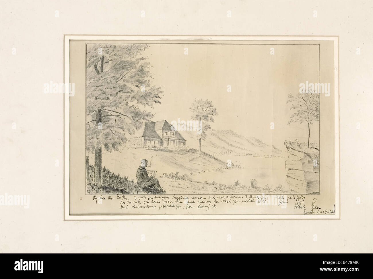 Albert Speer - un disegno a matita, prodotto nella prigione militare Spandau-Berlino, siglato 'AS' e datato 20 maggio 1951. Matita su carta. Immagine idilliaca di una casa nobile in un parco su una riva. Autoritratto di Speer in basso a sinistra, seduto e tenuto uno sketchpad, con le iniziali dell'artista 'AS' e la data, '20 V.20'. Sotto di esso, c'è una lunga dedizione nell'inchiostro, scritto in sua mano: 'Mio caro Sig. Smith, auguro a voi e alla vostra felicità, successo - e una tale casa. Vi ringrazio molto con gratitudine per l'aiuto che mi avete dato e soprattutto per quello che yo, Foto Stock