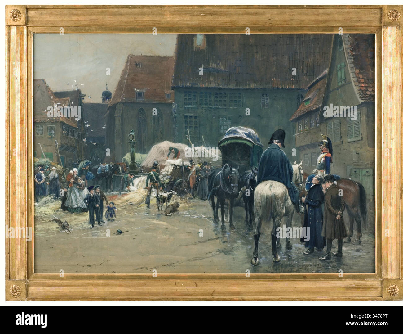 Pio Ferdinando Messerschmitt (1858 - 1915), cavalleria napoleonica saccheggiare un mercato. Gouache su carta, firmato in basso a destra 'P.F. Messerschmitt". Osservato dagli abitanti dei villaggi e dei bambini, ussari caricare un carrello con sacchi di grano e la richiesta di una capra e una pecora in un luogo di mercato di fronte ad una chiesa sulla destra un cuirassier e un ordnance officer di parlare con consiglieri municipali. 70 x 98 cm. In un impero dorato telaio, 83 x 113 cm. Pio Ferdinando Messerschmitt studiato tra 1888 e 1898 presso l'Accademia d'Arte di Monaco di Baviera sotto Benczur, Hackl e Lindenschmit. Hi, artista del diritto d'autore non deve essere cancellata Foto Stock