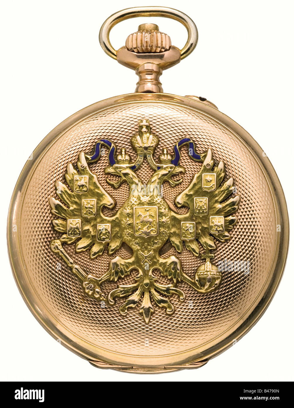 Un orologio da tasca con presentazione dorata, Pavel Bure, responsabile della sorveglianza della Corte alla Casa Imperiale. Il coperchio porta l'aquila a doppia testa Tsarista parzialmente smaltata in blu. Quadrante in smalto bianco con mani alla griglia, numeri romani e arabi neri e una piccola seconda mano. Movimento di precisione completamente funzionale e gioiellato. Inciso sul parapolvere con numero di serie e sui segni distintivi svizzeri '0,583'. In una custodia in pelle rossa, il marchio makers è dorato stampato sulla fodera in seta, la doppia aquila sul coperchio manca. Storico, storico, 19th secolo, oggetto, oggetti, alambicchi, clippi, Foto Stock