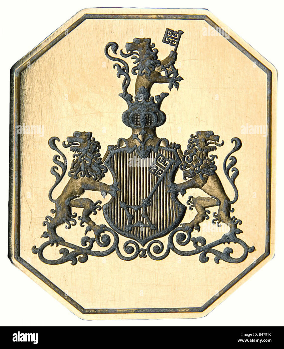 Dr. Albert Gröning - un sigillo, con lo stemma della città di Brema, Brema, circa 1840/50. Grande guarnizione in ottone, incisa con lo stemma della città, manico tornito. Altezza 87 mm. In una cassa neogotica in ottone con lo stemma della città sulla parte superiore, e fodera interna in seta. C'è anche uno stemma dipinto a mano per la città di Brema con l'iscrizione 'Brema. Freie Stadt. Bürgermeister Dr. Gröning' (Brema. Città Libera. Sindaco Dr. Gröning). Un regalo dalla città di Brema al suo sindaco per gli anni 1895, 1897, 1900 e 1902. Storico, storico, 19th secolo, Foto Stock