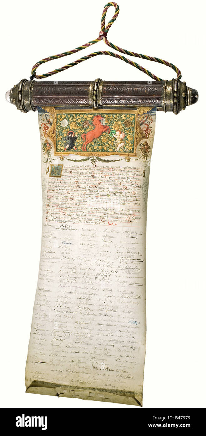 Alexander von Liezenmayer (1839 - 1898) - un addio presente di Monaco di Baviera artisti e dignitari, sulla sua nomina come direttore di arte di Stoccarda Academy nel 1880. Lo stile rinascimentale scorrere di ottone argentato con riccamente inciso arabeschi e medaglioni ritratto, tagliate e cesellata l accademia di belle arti, del xix secolo, Baviera, bavarese, tedesco, in Germania, nella Germania del sud, sud della Germania, oggetto, oggetti, alambicchi, militaria, clipping, tagliate, cut-out, cut-outs, artista del diritto d'autore non deve essere cancellata Foto Stock