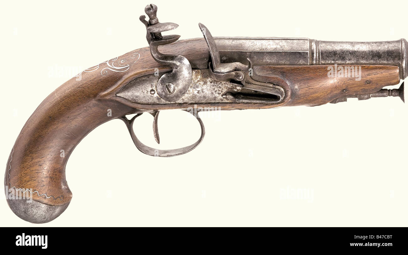 Un paio di pistole flintlock, Francia, circa 1780. Canne scanalate che si fondono a tondo con le muzzles cannone. Fori lisci con calibro 14 mm. Lucchetti lisci con piastre di bloccaggio leggermente bombate. Le scorte di noce intarsiate con filo d'argento. Mobili in ferro liscio e ramrod. Lunghezza 23,5 cm. Storico, storico, 18th secolo, pistola civile, pistole civili, palmare, pistola, armi, arma da fuoco, arma da fuoco, armi da fuoco, armi da fuoco, armi, armi, arma, braccio, oggetto, oggetti, alambicchi, clippings, taglio, taglio, taglio, Foto Stock