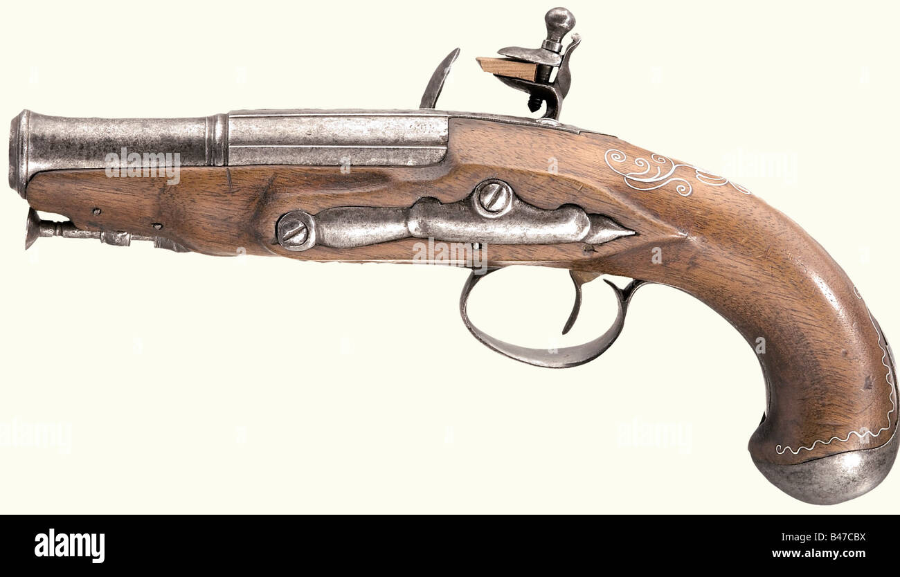 Un paio di pistole flintlock, Francia, circa 1780. Canne scanalate che si fondono a tondo con le muzzles cannone. Fori lisci con calibro 14 mm. Lucchetti lisci con piastre di bloccaggio leggermente bombate. Le scorte di noce intarsiate con filo d'argento. Mobili in ferro liscio e ramrod. Lunghezza 23,5 cm. Storico, storico, 18th secolo, pistola civile, pistole civili, palmare, pistola, armi, arma da fuoco, arma da fuoco, armi da fuoco, armi da fuoco, armi, armi, arma, braccio, oggetto, oggetti, alambicchi, clippings, taglio, taglio, taglio, Foto Stock