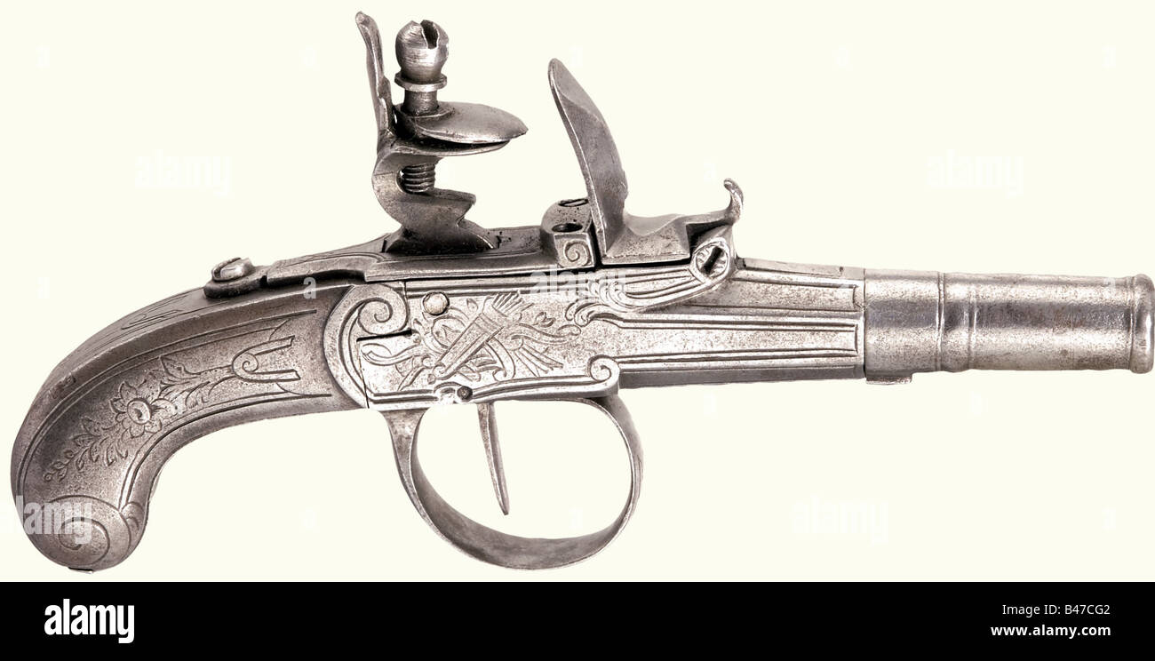Un paio di pistole tascabili all-metal flintlock, Liegi alla fine del 18th secolo. Canne a vite rigate con camme in calibro 9 mm. La scatola in ferro blocca e butta con incisioni di fiori e fasci di trofei sui lati. Lunghezza di ogni 15,5 cm. Storico, storico, 18th secolo, pistola civile, pistole civili, palmare, pistola, armi da fuoco, arma da fuoco, armi da fuoco, armi da fuoco, armi da fuoco, armi, arma, braccio, oggetto, oggetti, alambicchi, clippings, taglio, taglio, taglio, Foto Stock